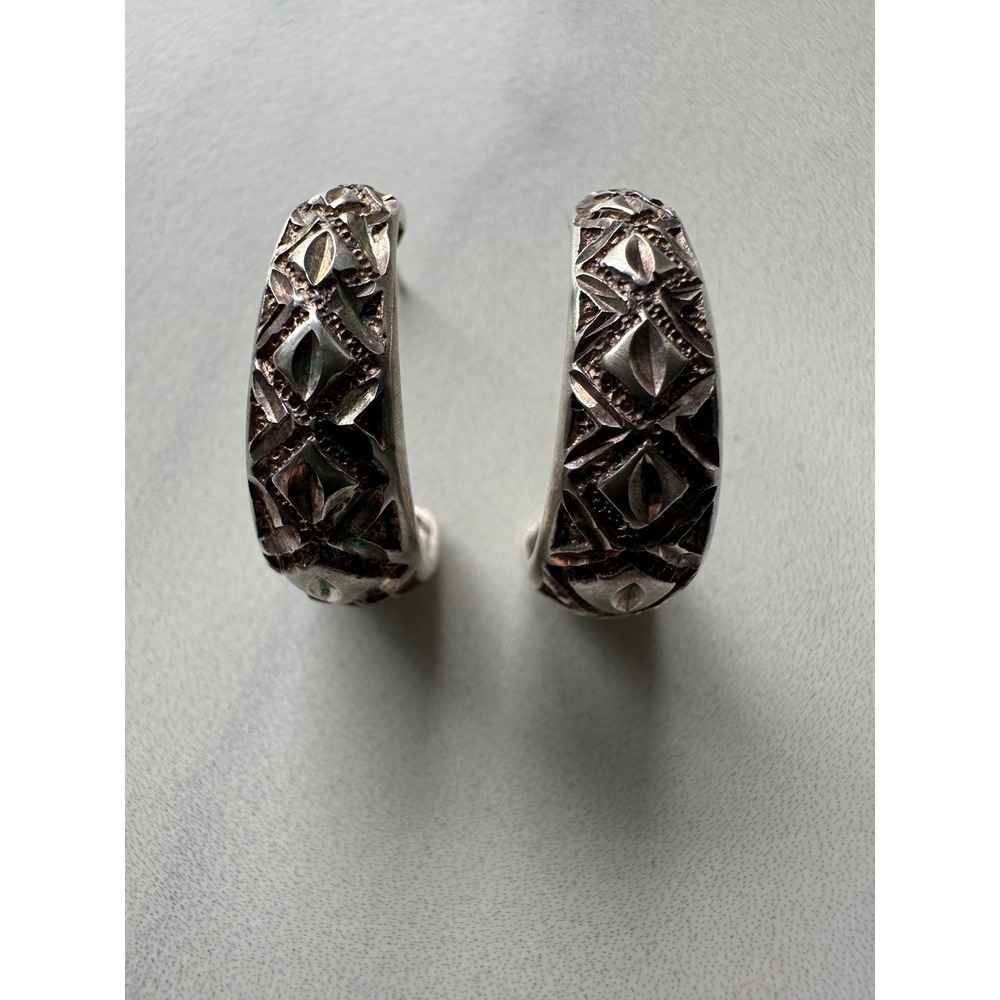 Sterling Silver 925 Geometric Diamond Textured J Hoop Earrings 5.37g